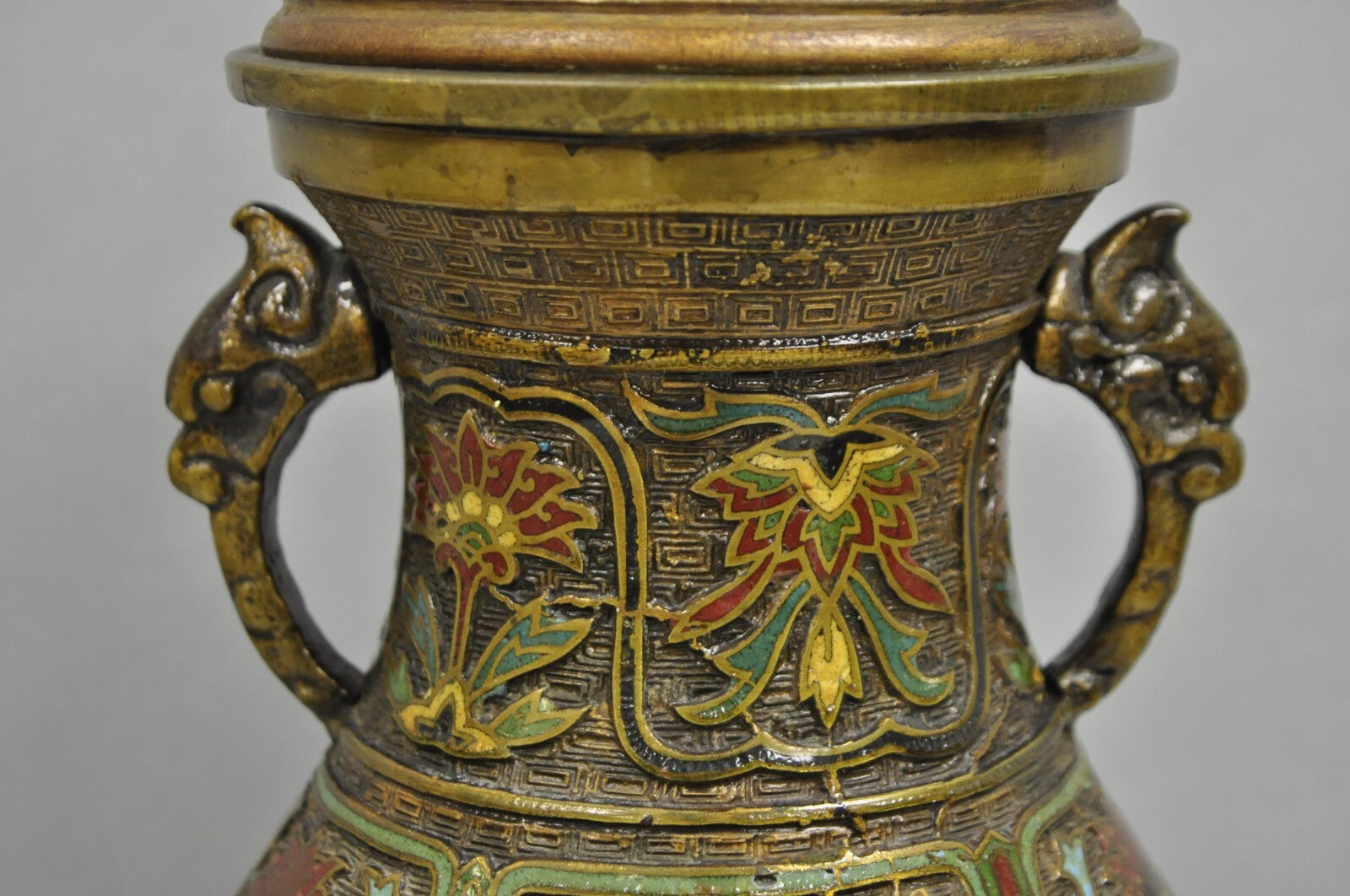 Vintage Chinese Porcelain Enamel Bronze Lacquered Cloisonne Champleve Table Lamp
