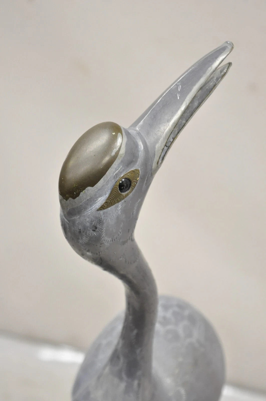 Vintage Hollywood Regency Pewter Metal 27" Crane Bird Garden Statue Hong Kong