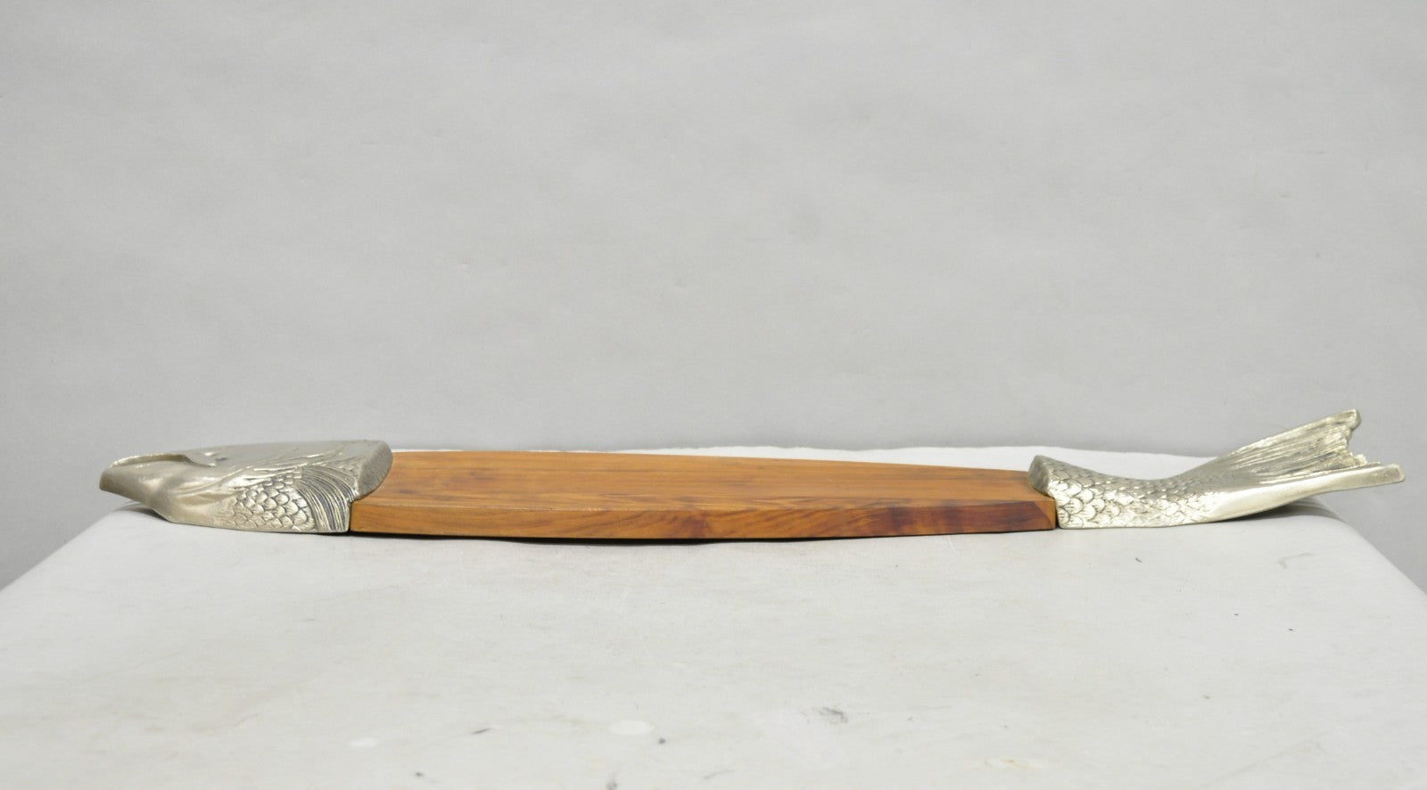 Vintage Mid Century Modern Teak Wood & Metal Fish Serving Platter Cutting Board