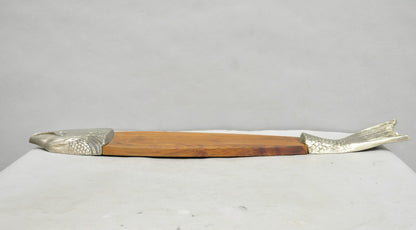 Vintage Mid Century Modern Teak Wood & Metal Fish Serving Platter Cutting Board