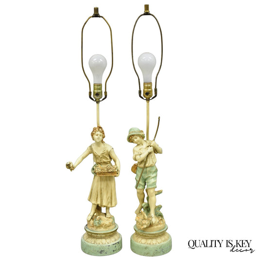 Vintage French Renaissance Moreau Metal Boy and Girl Figural Table Lamp - a Pair
