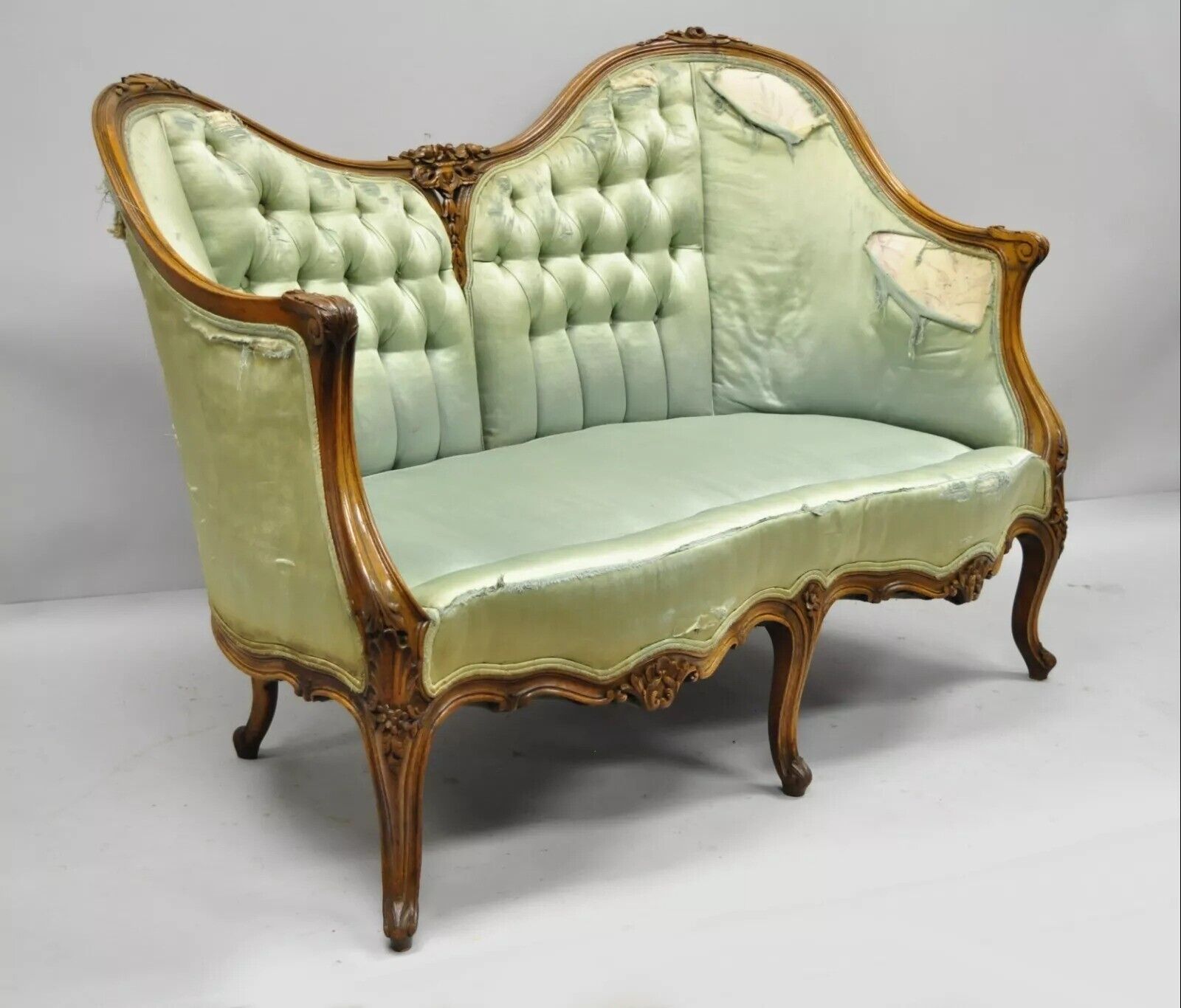 Antique French Louis XV Style Carved Walnut Double Hump Back Settee Loveseat