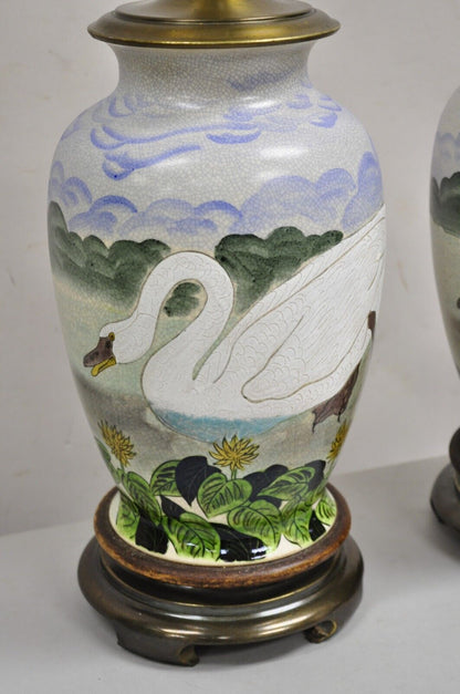 Vintage Chinoiserie Painted Swan Porcelain Ginger Jar Table Lamps - a Pair
