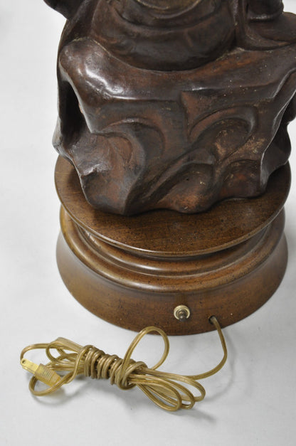 Vintage Buddhist Kuan Yin Brown Ceramic Sculpture Figure Table Lamp w/ Shade