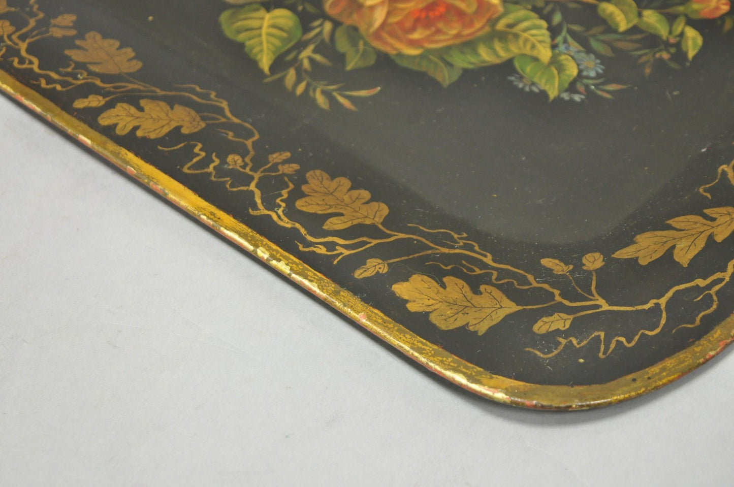 Antique French Country Tole Metal Hand Painted Floral Large Serving Platter Tray