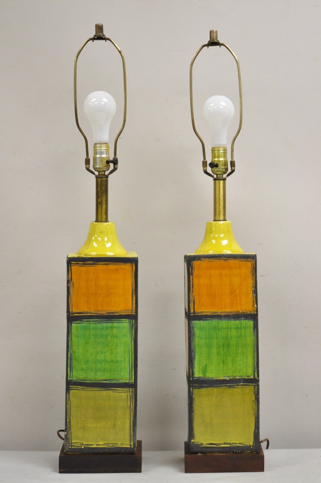 Aldo Londi Bitossi Italy Mid Century Modern Ceramic Square Vase Table Lamp Pair