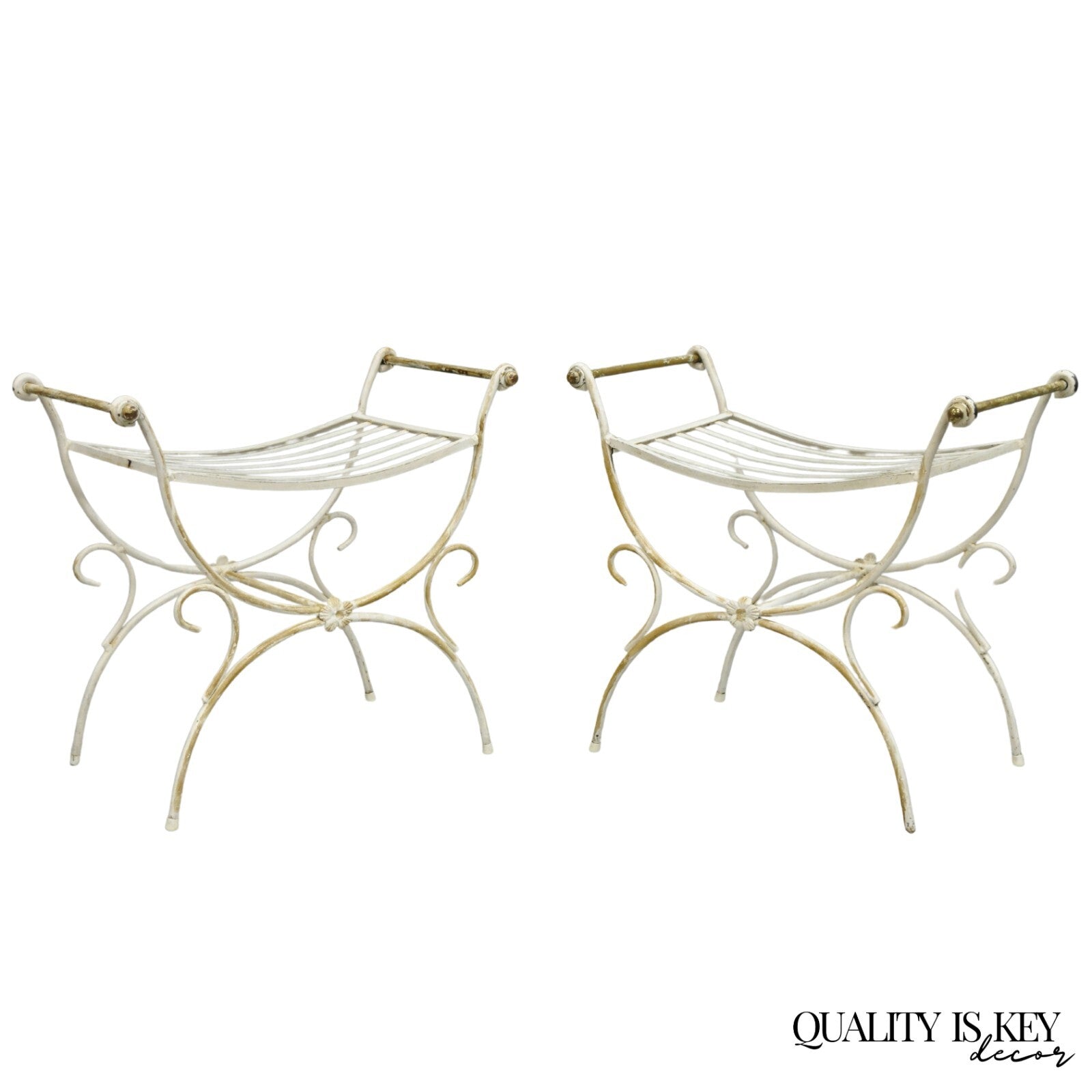 Vintage Italian Regency Wrought Iron & Brass Curule X Frame Stool - a Pair
