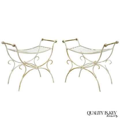 Vintage Italian Regency Wrought Iron & Brass Curule X Frame Stool - a Pair