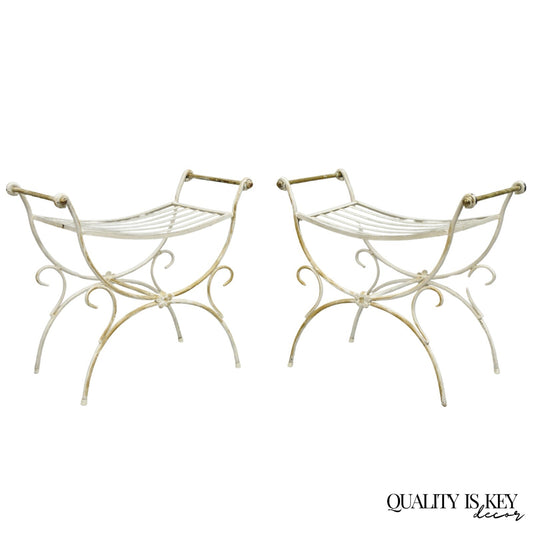 Vintage Italian Regency Wrought Iron & Brass Curule X Frame Stool - a Pair