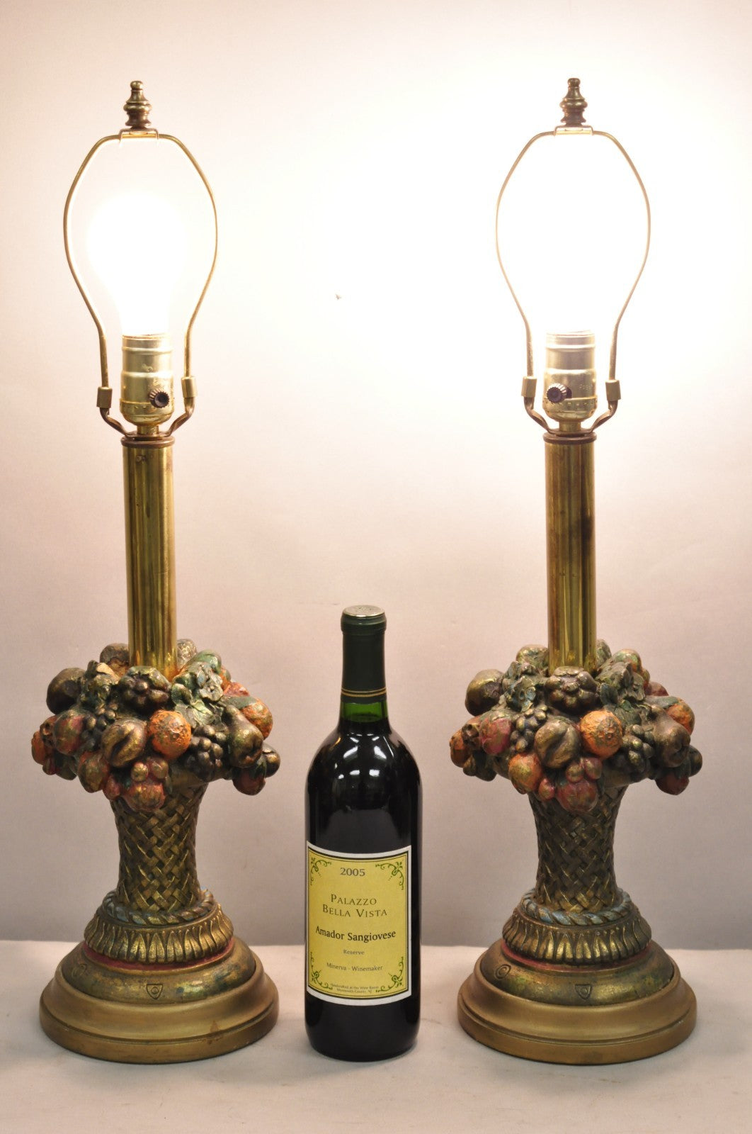 Armor Bronze Co Victorian Flower Fruit Basket Bouquet Small Table Lamps - a Pair