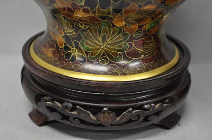 Vintage Cloisonné Chinese Small Enameled Brown Covered Ginger Jar on Stand, Pair