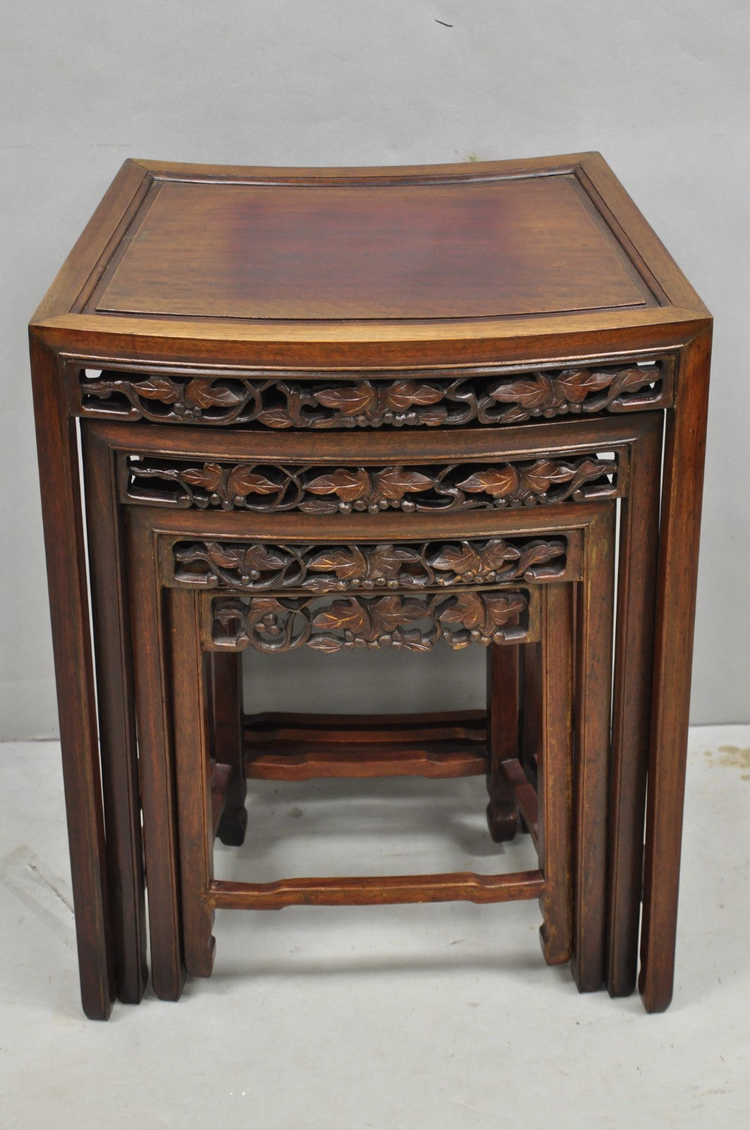Vintage Chinese Carved Hardwood Curved Frame Nesting Side Tables - Set of 4