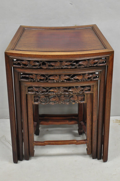 Vintage Chinese Carved Hardwood Curved Frame Nesting Side Tables - Set of 4