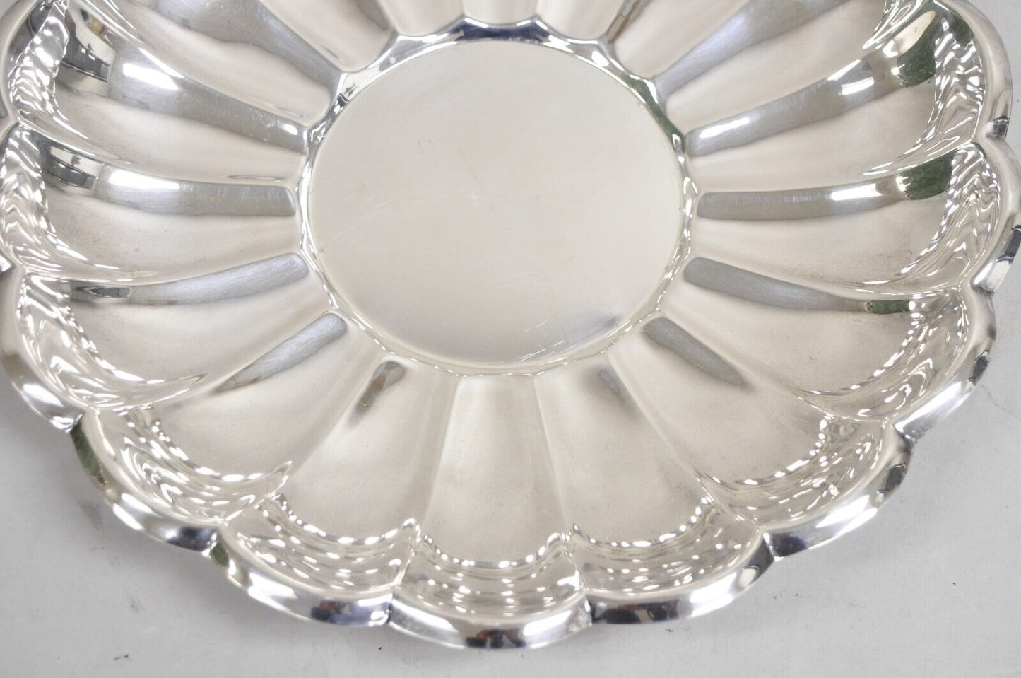 Vintage Modernist 13" Round Silver Plated Scalloped Edge Centerpiece Fruit Bowl