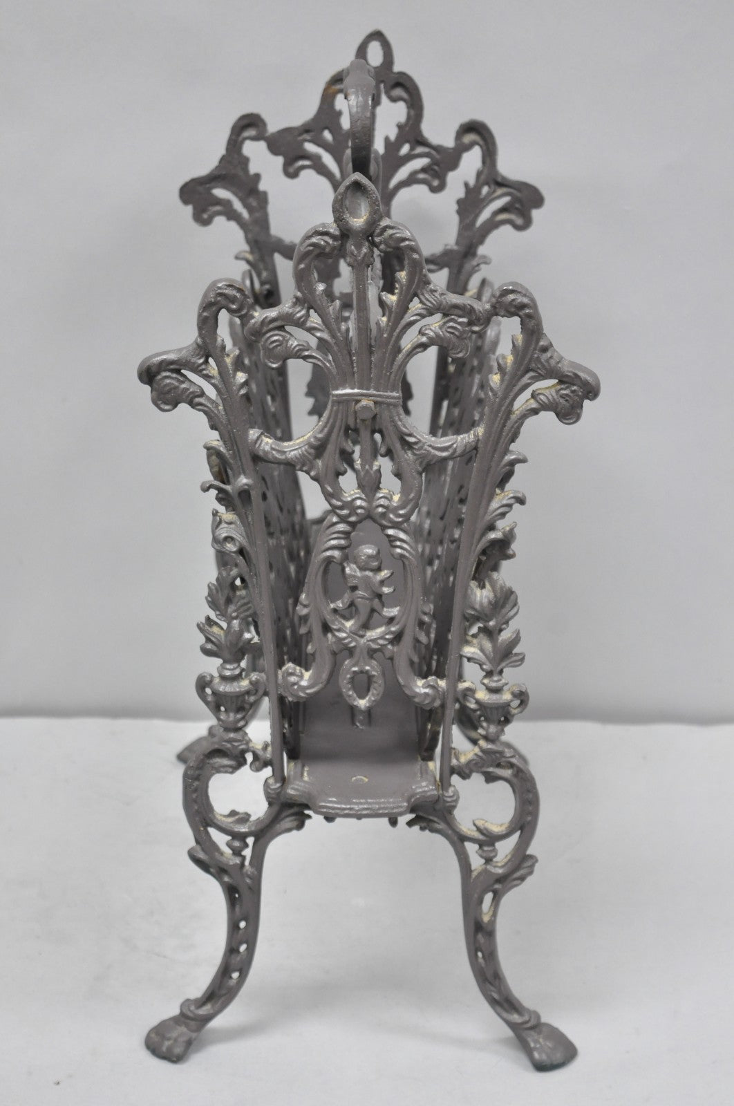 Vintage French Renaissance Victorian Style Cast Iron Magazine Rack with Cherubs