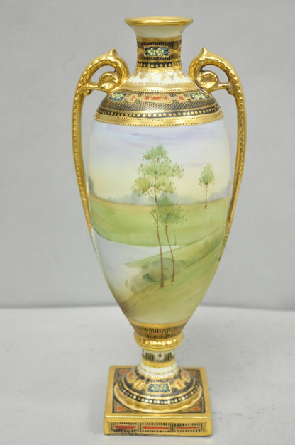 Antique Nippon Hand Painted Twin Handled Gold Gilt Lake & Swan Scene Bolted Vase