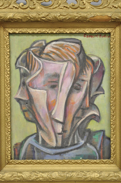Vintage Samuel Heller "Face in Motion" Picasso Style Oil on Canvas Painting