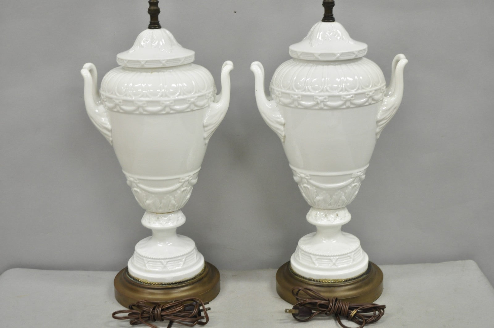Antique Italian Neoclassical Greco Roman White Porcelain Urn Table Lamps - Pair
