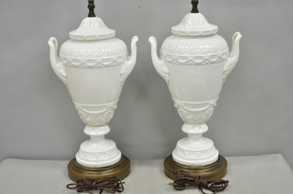 Antique Italian Neoclassical Greco Roman White Porcelain Urn Table Lamps - Pair