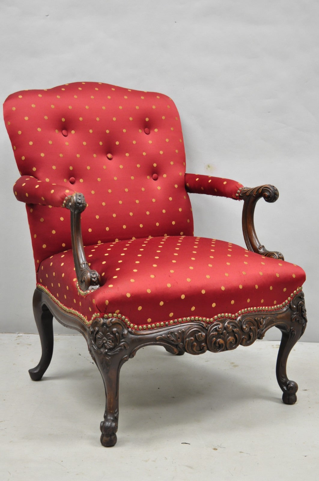 Antique English Georgian Style Carved Mahogany Red Library Lounge Arm Chair