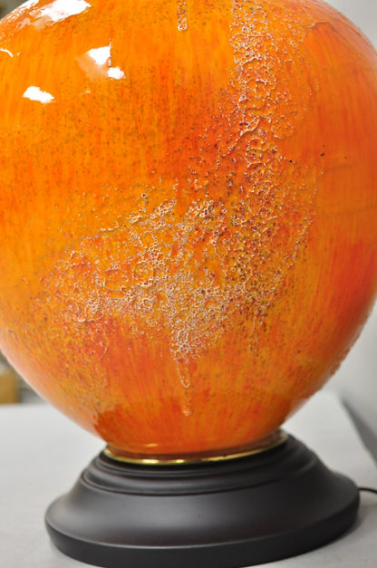Vintage Mid Century Modern Orange Lava Glazed Bulbous Ceramic Pottery Table Lamp