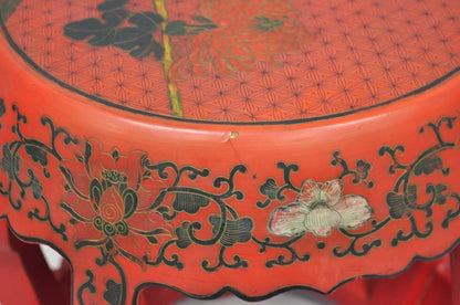 Vintage Chinoiserie Red Lacquer Plant Stand Garden Stool Drum Side Table (B)