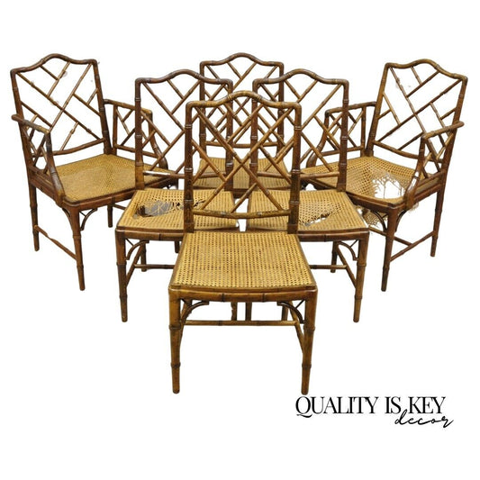 Chinese Chippendale Hollywood Regency Faux Bamboo Cane Dining Chairs - Set of 6