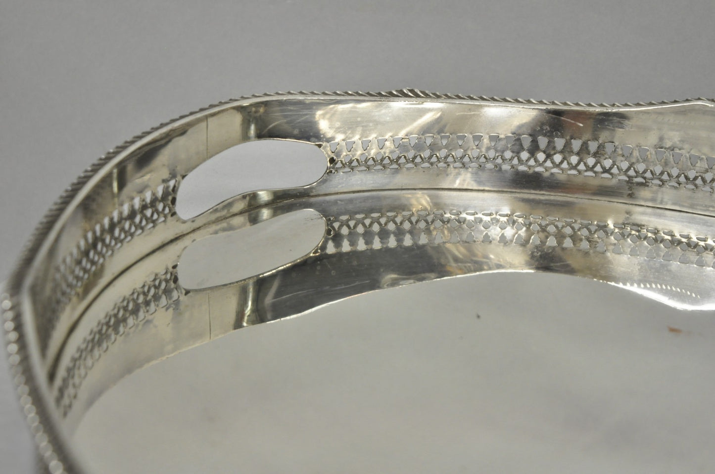 Antique English Edwardian Silver Plated Oval Bar Serving Tray w/ Raised Gallery