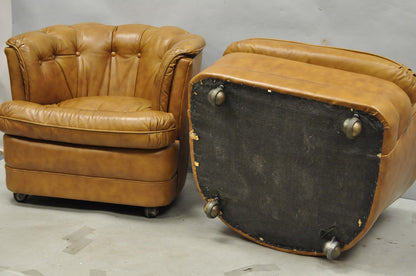 Vintage Classic Leather Chesterfield Brown Tufted Leather Barrel Club Chair Pair