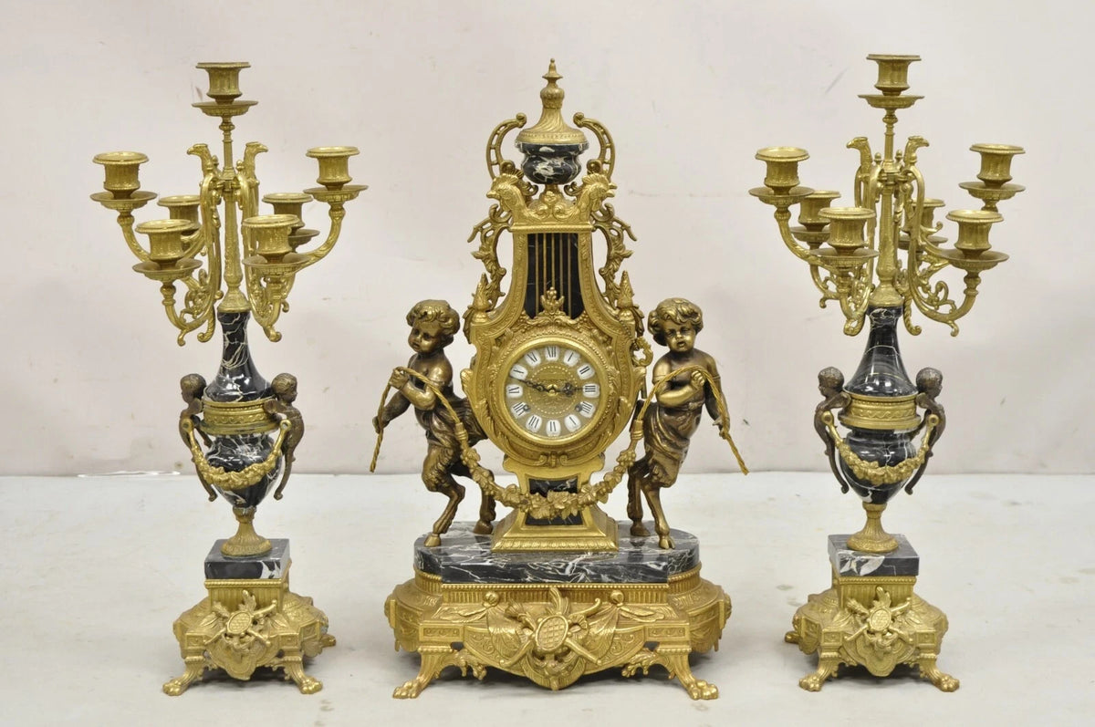 Vintage French Louis XV Style Brevettato Italy Brass & Marble Figural Clock Set