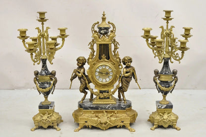 Vintage French Louis XV Style Brevettato Italy Brass & Marble Figural Clock Set