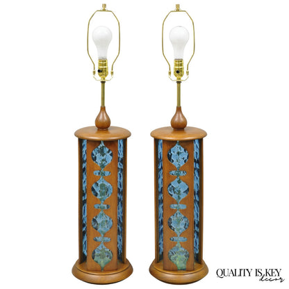 Vintage Modeline Mid Century Modern Walnut & Blue Stained Glass Table Lamps Pair