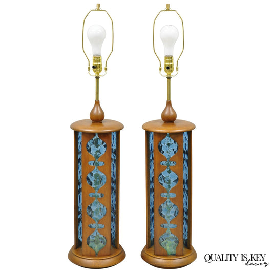 Vintage Modeline Mid Century Modern Walnut & Blue Stained Glass Table Lamps Pair