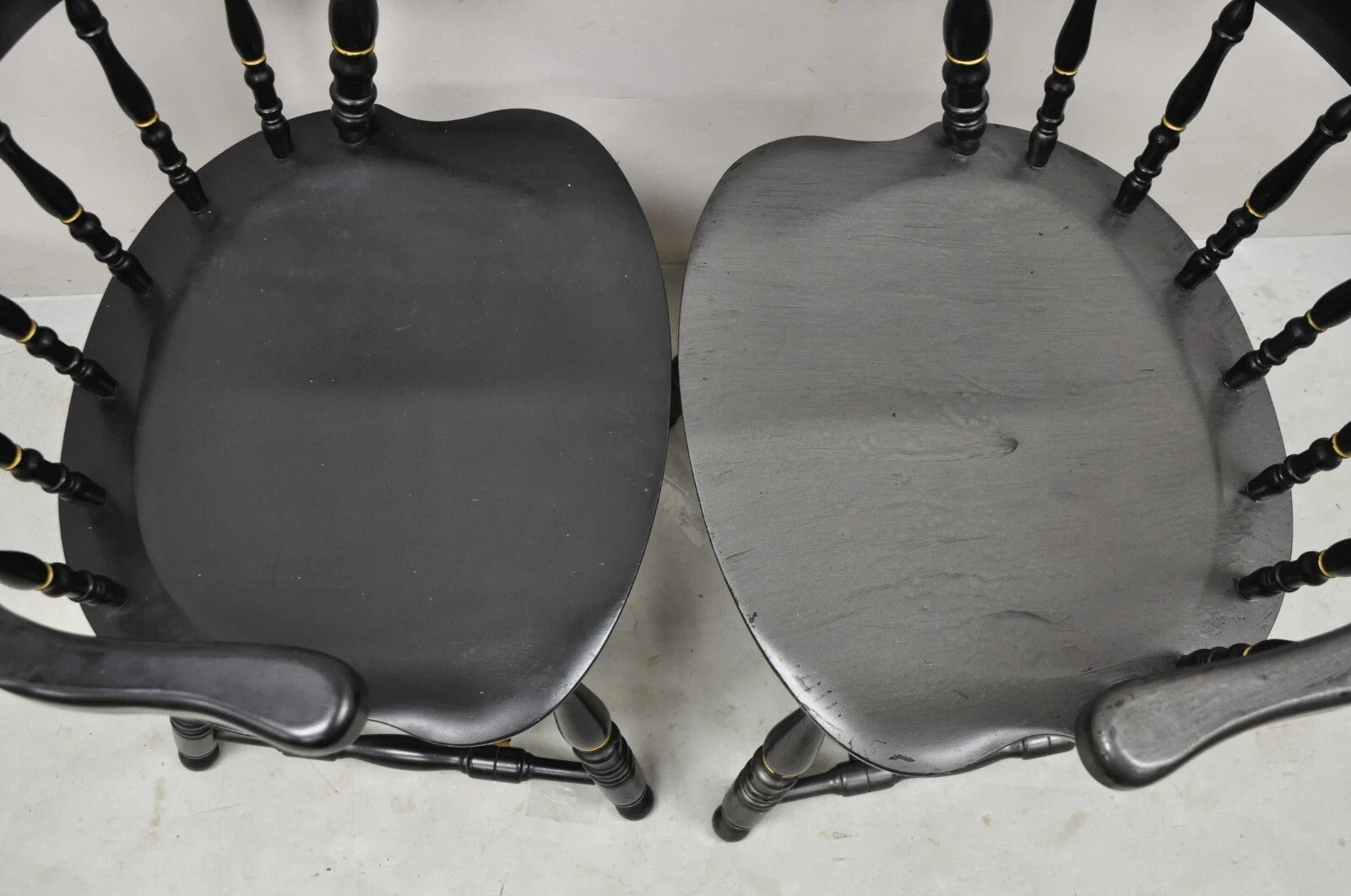 Vintage S. Bent & Bros Black Painted Eagle Colonial Pub Arm Chairs - a Pair