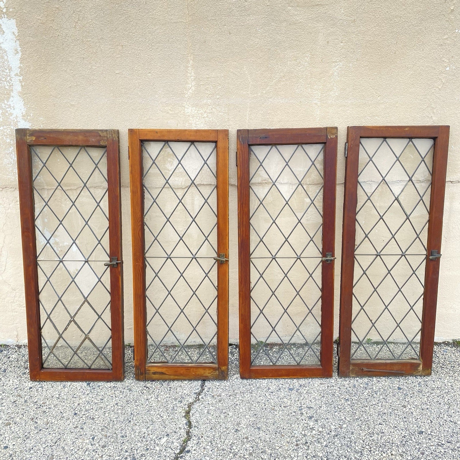 Antique Arts & Crafts Diamond Lattice Leaded Glass Windows in Frame - Set of 4