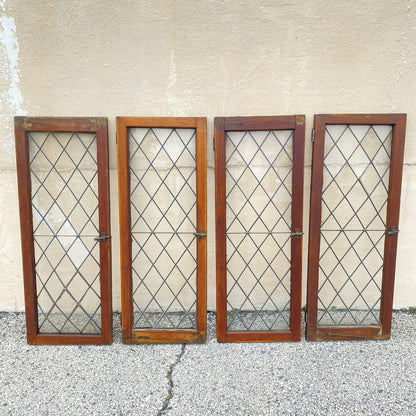 Antique Arts & Crafts Diamond Lattice Leaded Glass Windows in Frame - Set of 4