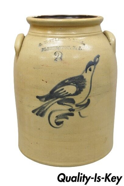 Antique G.W. Fulper & Bros Stoneware Two Gallon Crock with Cobalt Blue Bird