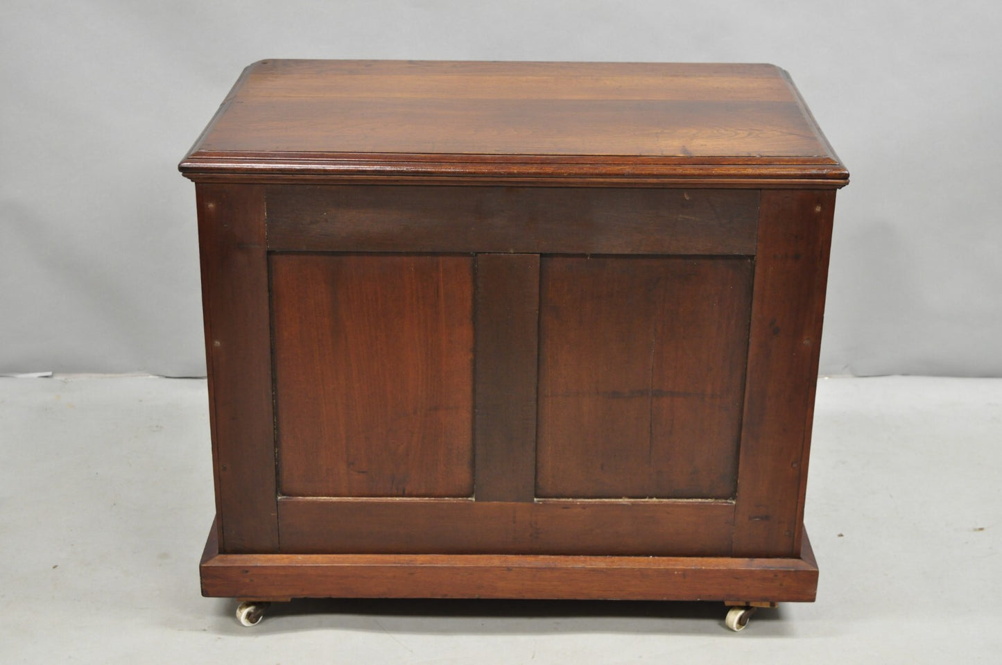 Antique John Clark Walnut 6 Drawer Sewing Spool Cabinet w Reverse Painted Glass