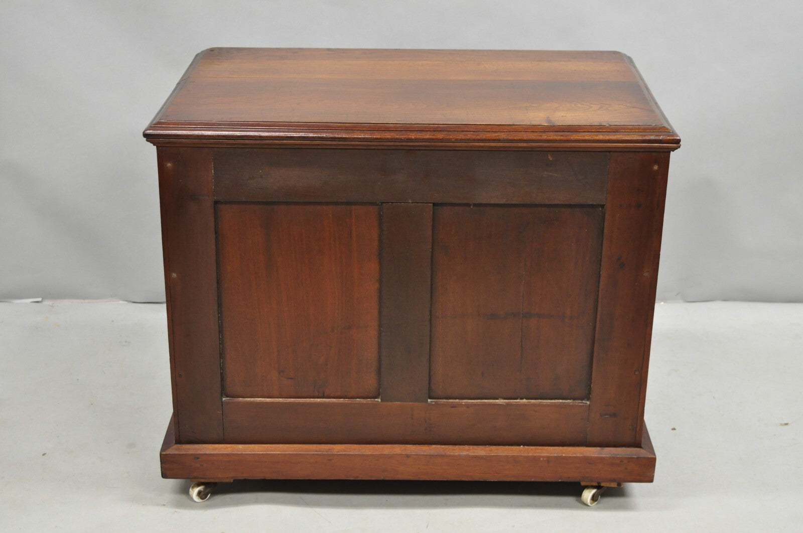 Antique John Clark Walnut 6 Drawer Sewing Spool Cabinet w Reverse Painted Glass