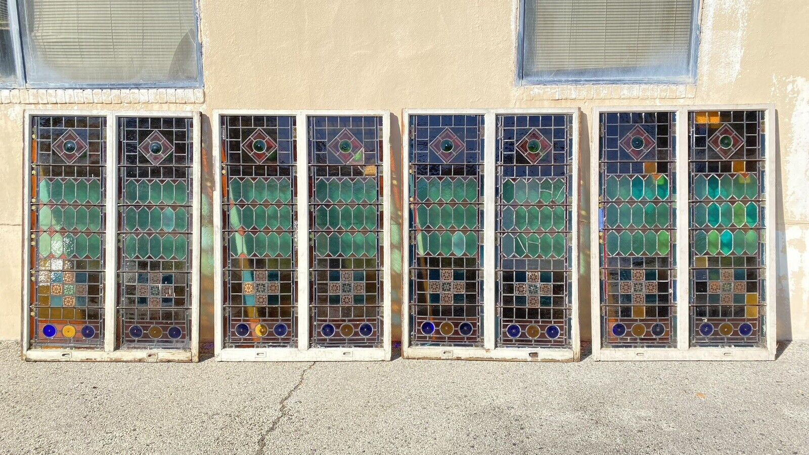 Antique Victorian 70 x 48 Double Stained Glass Window Pink Blue Green Jeweled
