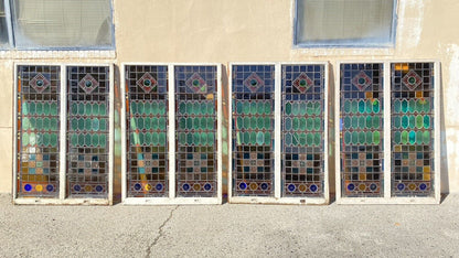 Antique Victorian 70 x 48 Double Stained Glass Window Pink Blue Green Jeweled