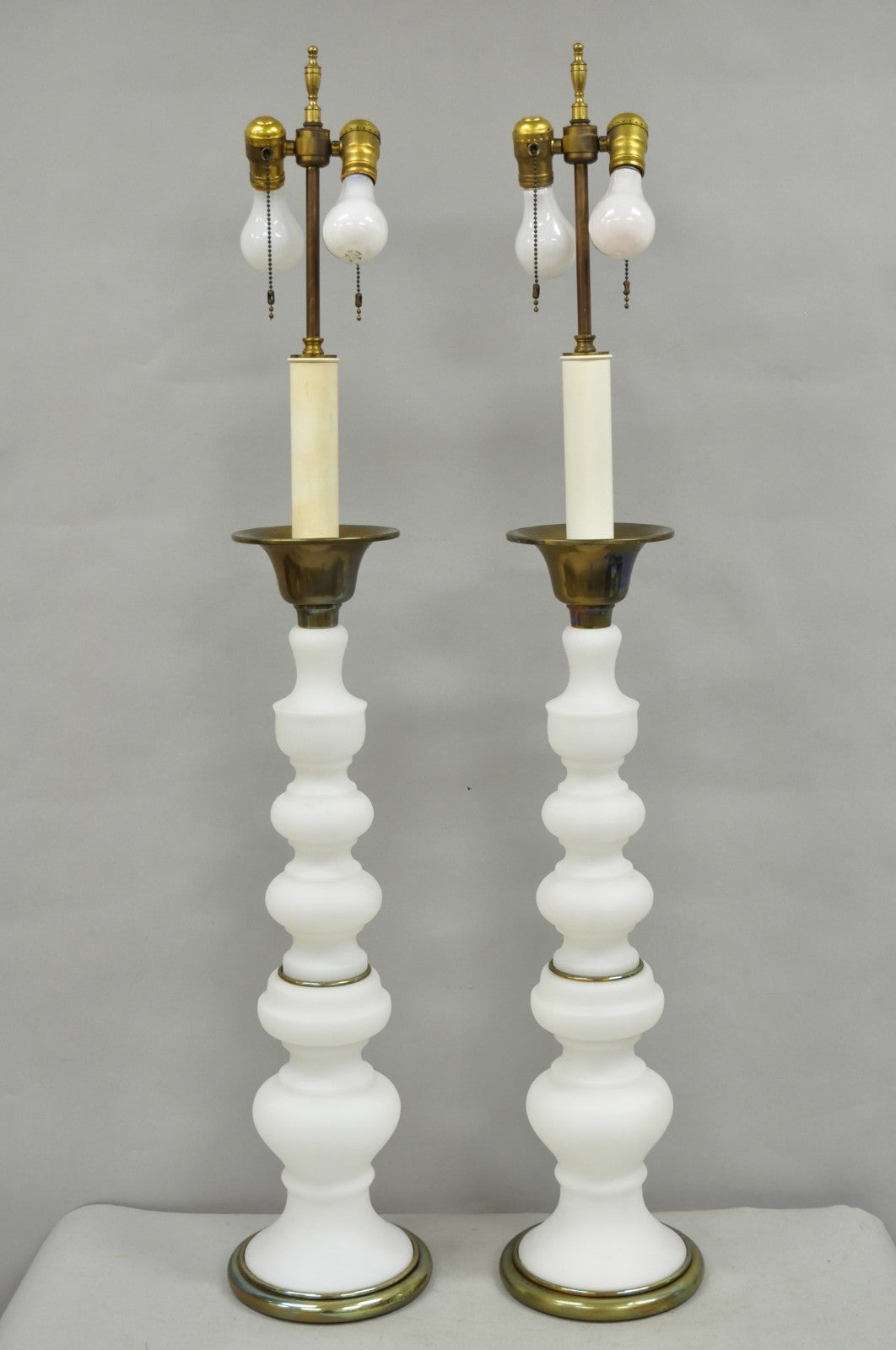 Vintage MCM Tommi Parzinger Style Tall White Frosted Glass Table Lamps - a Pair