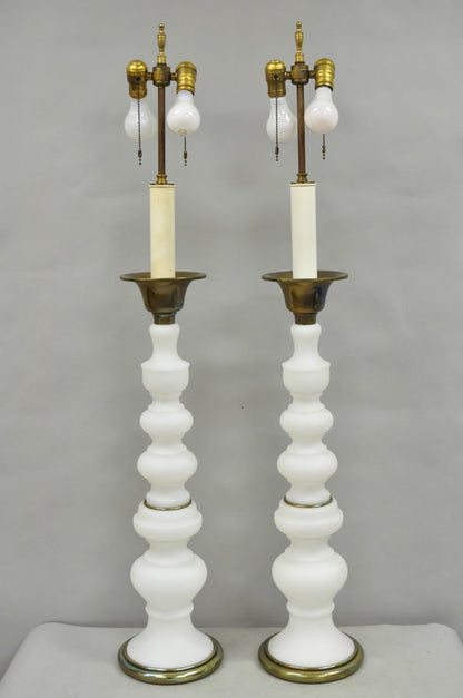 Vintage MCM Tommi Parzinger Style Tall White Frosted Glass Table Lamps - a Pair