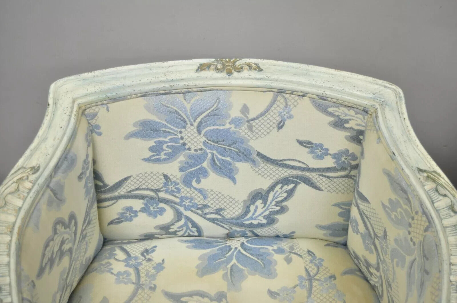 Vintage French Provincial Blue & Cream Painted Club Lounge Chairs - a Pair
