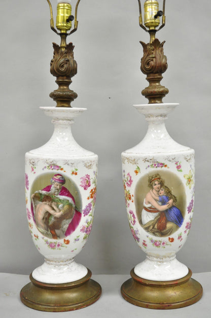 Antique French Renaissance Victorian Porcelain Urn Figural Cameo Table Lamp Pair