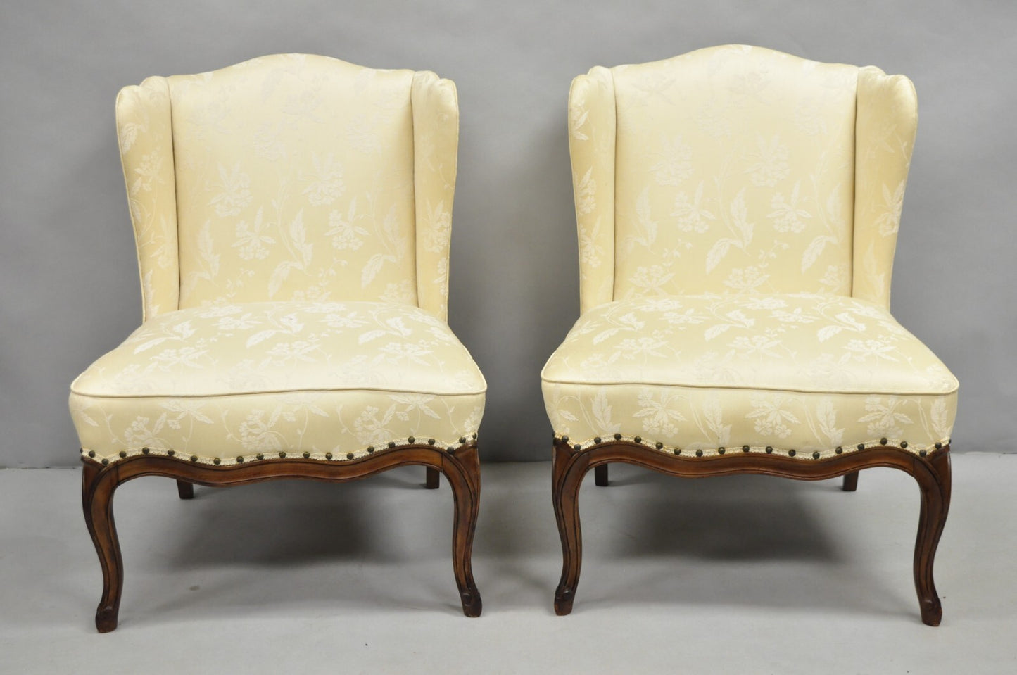 Vintage French Country Provincial Cherry Cabriole Leg Slipper Lounge Chair Pair