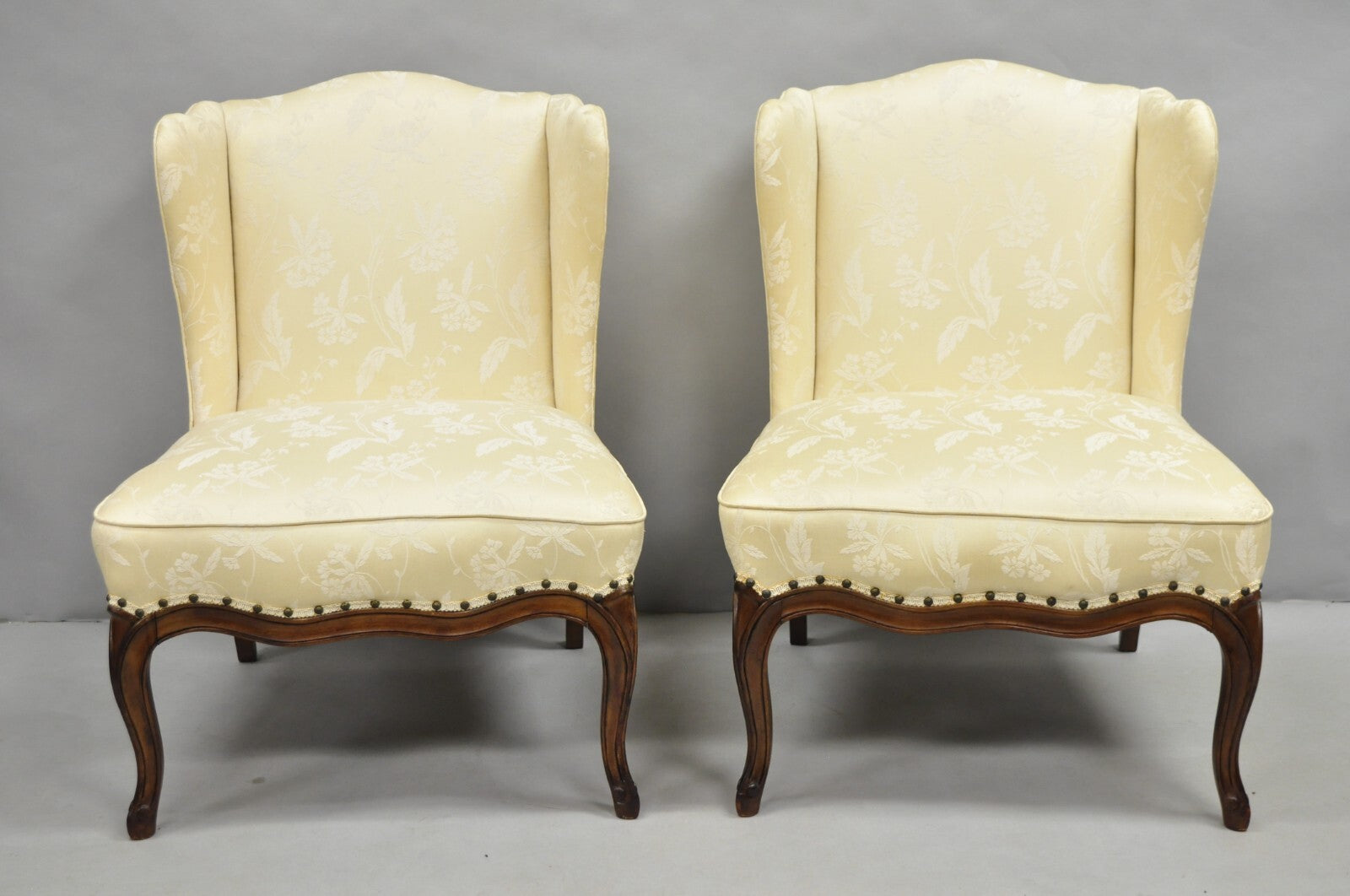Vintage French Country Provincial Cherry Cabriole Leg Slipper Lounge Chair Pair