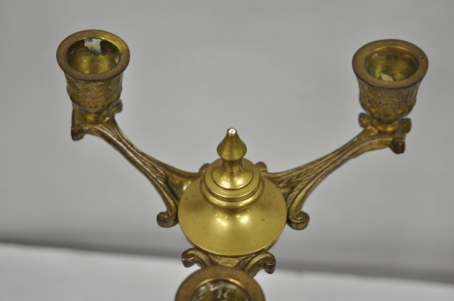 Antique French Renaissance Gothic Figural Brass 16" Candelabra w/ Lions - a Pair