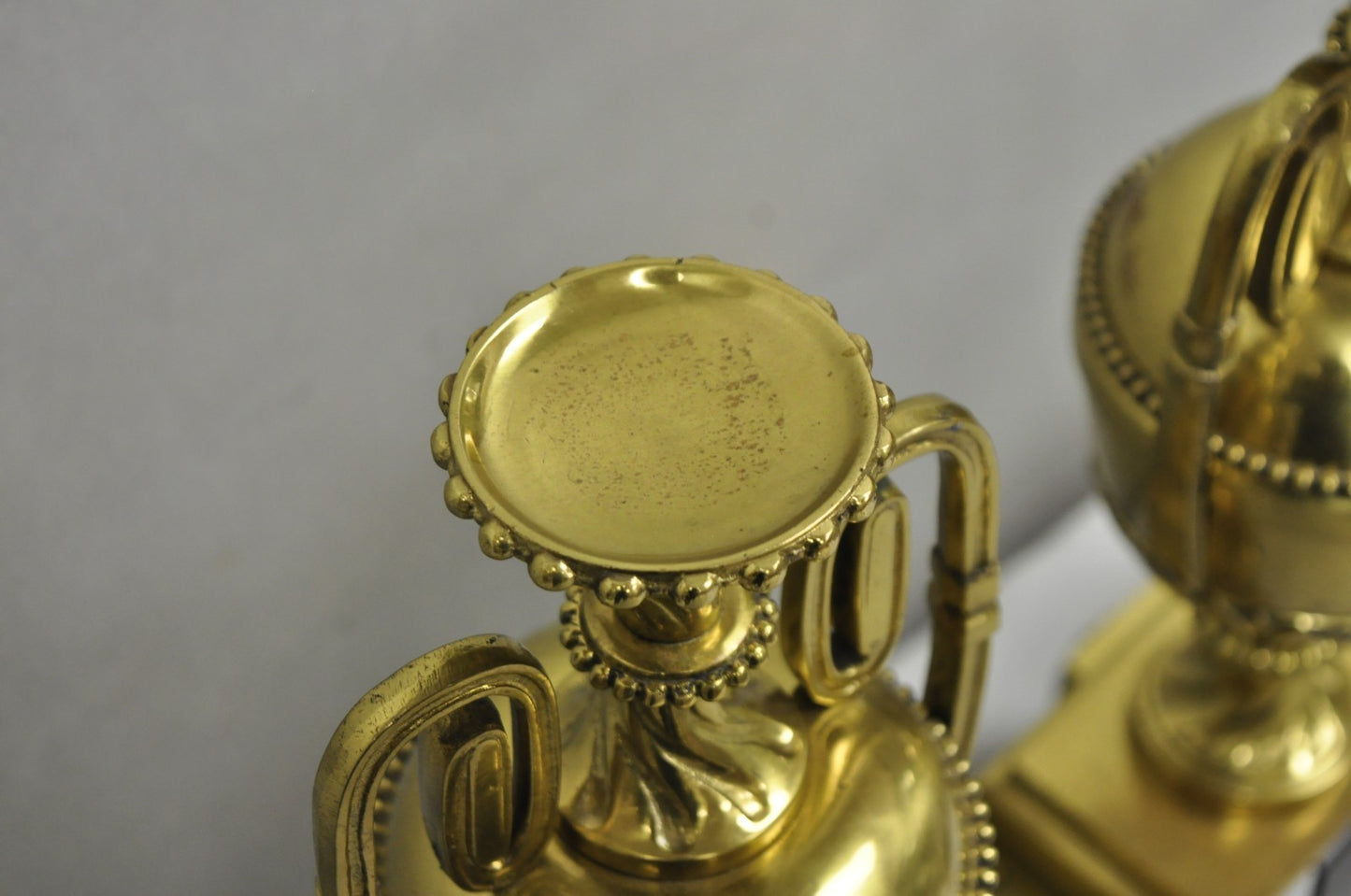 Vintage French Empire Style Gold Brass Urn Fireplace Chenet Andirons - a Pair