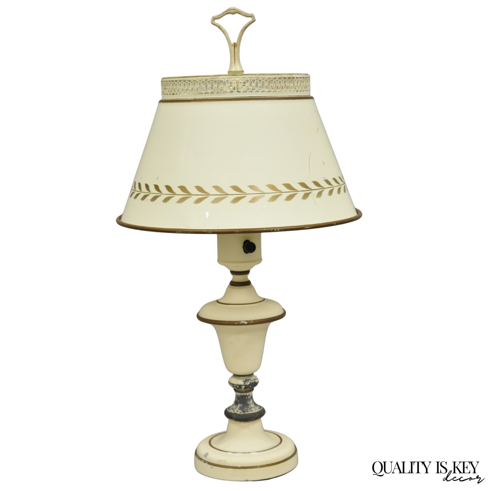 Vintage French Country Style Small White Tole Metal Boudoir Table Lamp w/ Shade